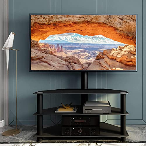 Corner Swivel Glass TV Stand with Mount for 32-65 Inch TV up to 110lbs, Height Adjustable Corner TV Stand with Mount, Entertainment Center with TV Mount and 3-Tier Storage for AV Media - color: Black