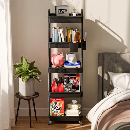 Sorgion 5 Tier Rolling Cart Organizer,Bathroom Cart Organizers with Wheels Laundry Room Organization Mobile Shelving Unit Utility Cart Storage Shelves Multi-Functional for Office, Home(Black) - size: 5Tier-Black