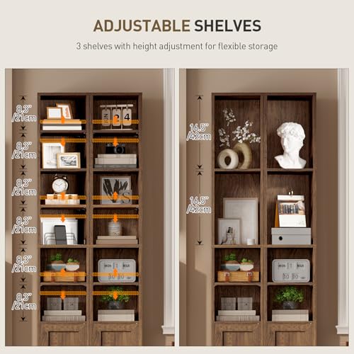 7-Tier Tall Narrow Bookshelf with Door, 70.9 Inches CD DVD Slim Media Tower Rack with Storage Cabinet, Adjustable Shelves, Skinny Bookshelf Display Bookcase for Home Office, Walnut - color: Walnut