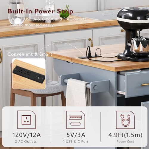 59.3" Rolling Kitchen Island with Trash Can Storage, Mobile Kitchen Storage Island with Drop Leaf, Power Outlet, Pull Out Cabinet Organizer (Greyblue) - color: Greyblue