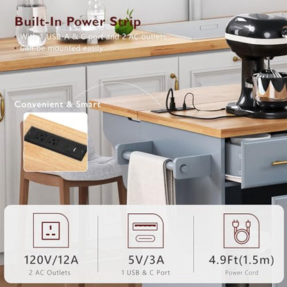 59.3" Rolling Kitchen Island with Trash Can Storage, Mobile Kitchen Storage Island with Drop Leaf, Power Outlet, Pull Out Cabinet Organizer (Greyblue) - color: Greyblue