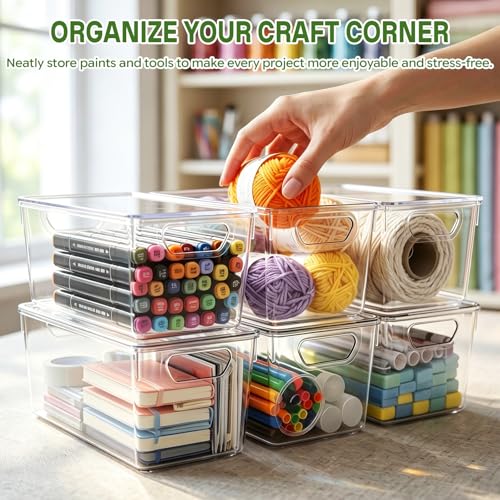 6 Pack Clear Small Storage Bins with Lids, Arts Supplies Storage and Craft Storage Containers, Stackable Acrylic Plastic Storage Bins for Craft Organizers and Storage, Fridge, Cabinet, Closet - size: 6pc