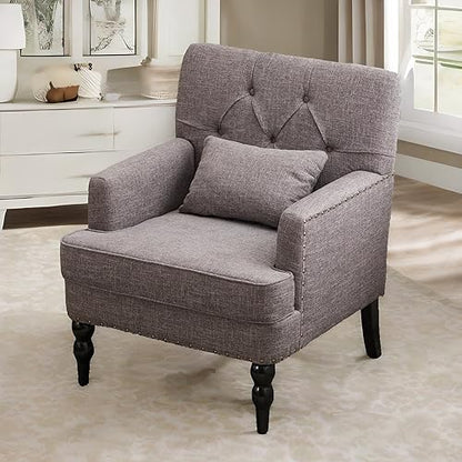 HUIMO Accent Chair, Tufted Upholstered Club Chair, Grey | Tufted upholstered club chair with lumbar pillow and solid wood legs. Suitable for living rooms, bedrooms, and reading nooks. - color: Grey