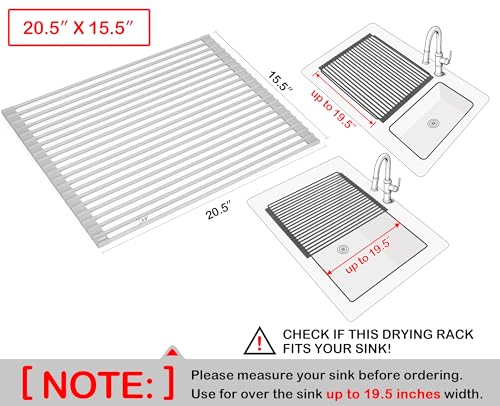 20.5 x 15.5 Inch Roll-Up Dish Drying Rack, Fits Across Sink Openings up to 19.5 Inches, Heavy-Duty Premium Silicone, Strong Support, Non-Slip, Heat-Resistant, Warm Gray - size: 20.5" x 15.5"