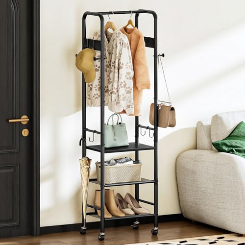 Coat Rack, Freestanding Coat Rack with 3 Shelves, Rolling Garment Rack with Wheels and Hooks, Coat Hanger Stand, Clothes Rack, Hanging Rod, for Entryway, Bedroom, Living Room, Black TYM17BB