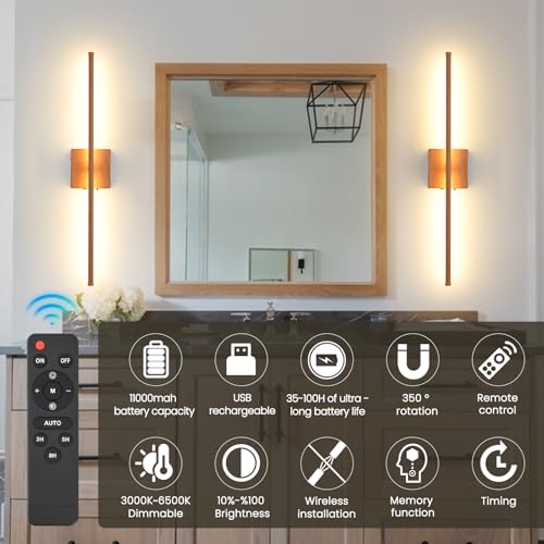 LED Battery Operated Wall Sconces, 11000mAh Faux Wood Texture Finish Wireless Wall Lights with Remote, 350°Rotate Dimmable Wall Lamp 3 Color Temperatures, for Bedroom Living Room Hallway, 2 Pack - color: Wood Finish, size: 2 Pack