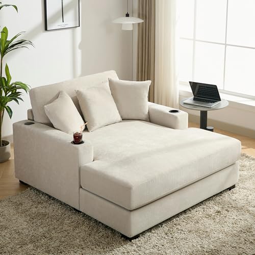 JIVOIT Modern Indoor 55" Oversized Chaise Lounger, Chenille Fabric Sofa Couch with Pillows, Armrest Cup Holders, Removable Washable Covers, Reclining Sleeper Chair for Living Room,Office (Cream,55") - color: Cream,55"