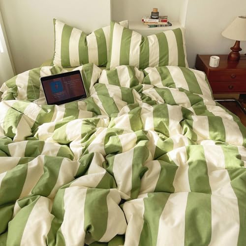 LifeTB Sage Green and White Striped Duvet Cover Set Twin, 100% Washed Microfiber Soft Breathable Striped Bedding Set, 3 Pieces Retro Stripes Pattern Printed Comforter Cover with 2 Pillowcases - color: 09# Sage Green Striped, size: Twin(68"x86")