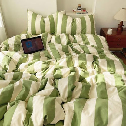 LifeTB Sage Green and White Striped Duvet Cover Set Twin, 100% Washed Microfiber Soft Breathable Striped Bedding Set, 3 Pieces Retro Stripes Pattern Printed Comforter Cover with 2 Pillowcases - color: 09# Sage Green Striped, size: Twin(68"x86")