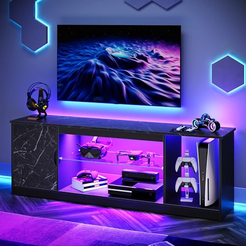 Bestier 57" LED Gaming TV Stand, RGB Light, Black Marble | Fits 55-65" TVs, PS5/Xbox Storage, Adjustable Glass Shelves, Modern Black Marble Finish For Living Room - color: Black Marble