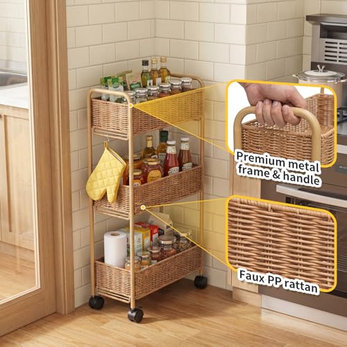Utility Slim Storage Cart,3-Tier Rolling Kitchen Office Laundry Room Cart,Mobile Shelving Unit Organizer for Living Room Bathroom Baby Diaper Narrow Places (Natural, 3 Tiers-7.1 inch (W)) - color: Natural