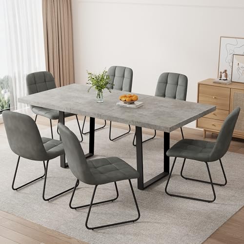 Mid-Century Extendable Dining Table Set, 63"-79", 6 Upholstered Chairs - color: Table + 6 Grey Chairs-b, size: 63"-79"