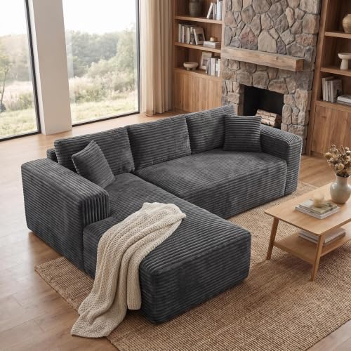 Boneless Couch Modular Sectional Sofa Cloud Couch | Oversized Deep-Seat Wide-Wale Corduroy L-Shaped Sectional Couch for Living Room, Apartment and Family Room - color: Grey 105'' Left Facing Chaise
