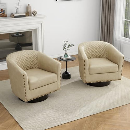 Faux Leather Swivel Accent Chair, Modern Barrel Club Armchair, Beige | Comfy Living Room Chair, Modern Nailhead Trim Round Armchair Bedroom Reading Seat with Removable Cushion, Wood Frame - color: Retro Beige