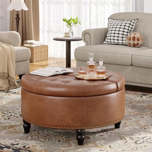 FiveWillowise 30 Inch Large Round Ottoman with Storage Circular,Brown | Leather Coffee Table with Lift Top,Modern Upholstered Button Tufted Footrest Stool Solid Wood Legs for Living Room,Bedroom - color: Brown