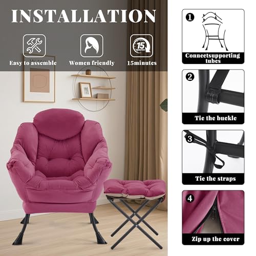 Lazy Chair with Ottoman, Comfy Reading Chair, Burgundy | Cushioned Seat with Foldable Ottoman and Side Pocket, Lounge Chair for Bedroom, Living Room, Dorm and Small Spaces - color: Burgundy