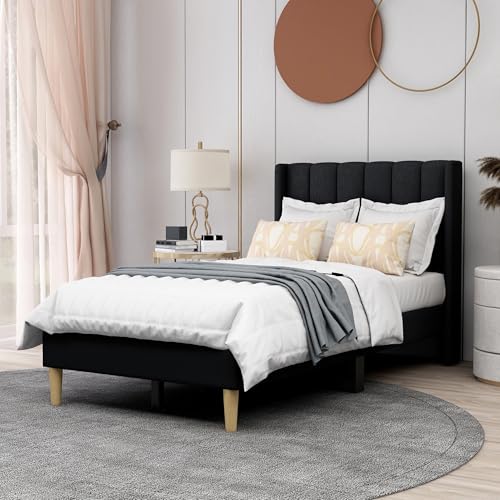 AGARTT Upholstered Platform Bed Frame Twin Size, Black Linen | Headboard and Footboard/Wooden Slats Support/No Box Spring Needed/Easy Assembly - color: Black Linen, size: Twin