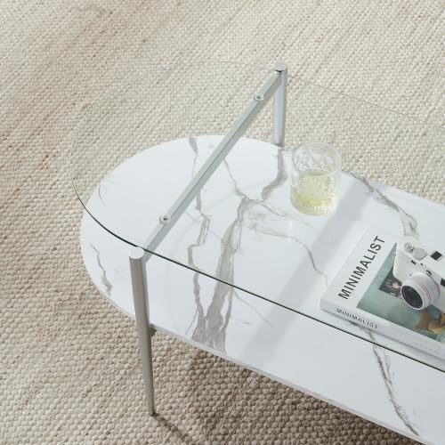 LumFurn Oval Glass Coffee Table, Mid-Century Modern Design for Living Room, L41xW21xH17inch, Clear Glass, White Marble Finish Wood & Silver Finish Frame - color: Oval L41" Silver & White Marble