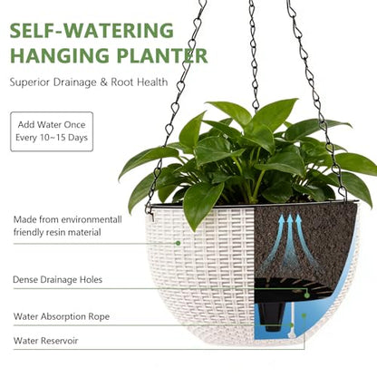 4 Sets of 8.2 Inch Self Watering Hanging Planter Flower Pots, Suitable for Indoor and Outdoor Plant Flower, Basket Flower Pots with Hanging Chains, Spray Bottles, Planting Tools, Hook (White)