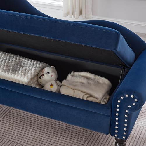 ERYE Velvet Upholstered Right Facing Chaise Lounge Chair, Blue Chaise Lounge Storage W/Nailhead Trim, Wood Legs, Classic Recliner Lounger Accent Sofa for Living Room Bedroom - color: Navy Blue/R
