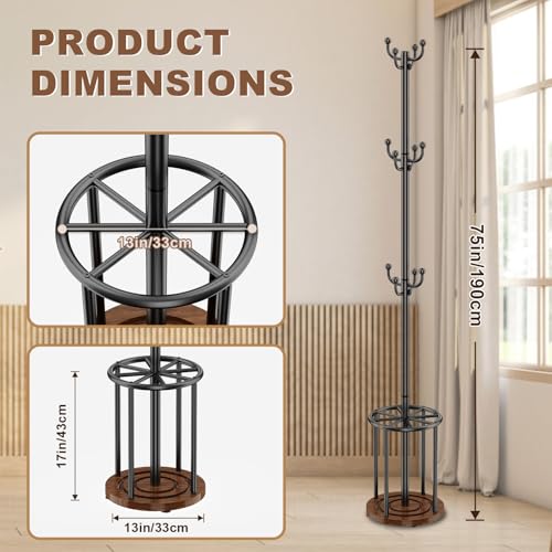 Coat Rack Freestanding, Coat Rack Stand with Umbrella Holder, Coat Tree, Coat Hanger Stand with 12 Hooks for Clothes Bag Hats, Hat Rack Hall Tree Coat Hanger Umbrella Stand for Entryway - color: Rustic Brown