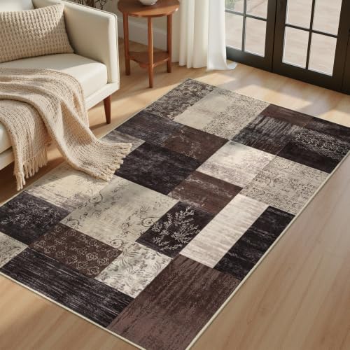 3x5 Entryway Rug, Washable Non Slip Area Rug for Bedroom, Soft Low Pile Modern Geometric Carpet Indoor for Kitchen Living Room Dining Room Nursery Office - color: Brown, size: 3' x 5' (Rectangular)