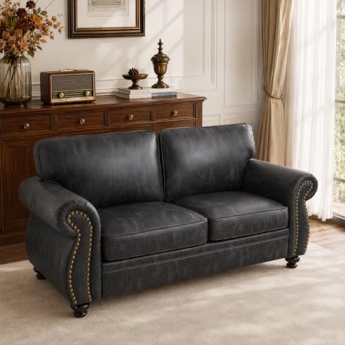 71" W Loveseat Sofa Couch, Faux Leather Fabric Sofas, Grey | Mid-Century Love Seat with Nailhead Trim, Upholstered Couch Set for Living Room Bedroom - color: Grey, size: S-2 seat