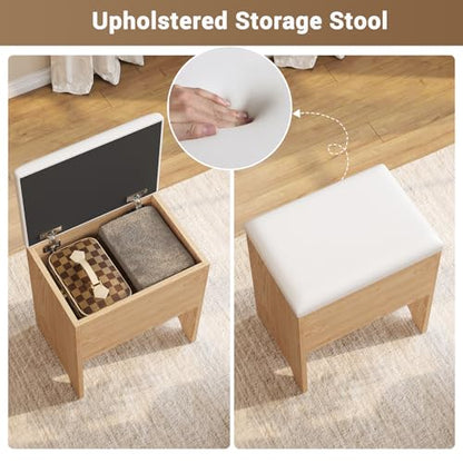 Corner Vanity Desk with Lights and Charging Station, Makeup Vanity with Lights, Vanity Set with Mirror and Storage Stool, Makeup Table with Drawers, Rotating Shelves (Natural Oak) - style: Natural Oak
