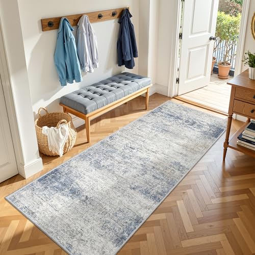 3x8 Runner Rug Non Slip,Washable Hallway Runner Rug,Blue | Neutral Rugs for Kitchen,Entryway,Bedroom,Bathroom,Nursery Room,Thin,Soft Runner Rug,Stain Resistant Indoor Carpet - color: Blue/Brown/Ivory, size: 3' x 8' (Runner)