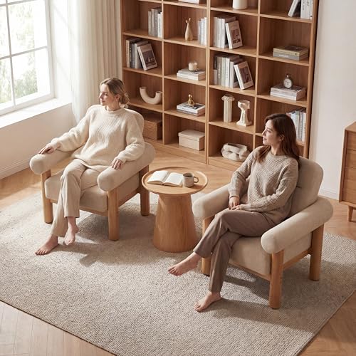 HNY Set of 2 Mid-Century Chenille Barrel Chair, Khaki | Comfy Round Upholstered Armchair, Solid Wood Frame With Open Back, Lounge Side Club Chair - color: Khaki, size: 2