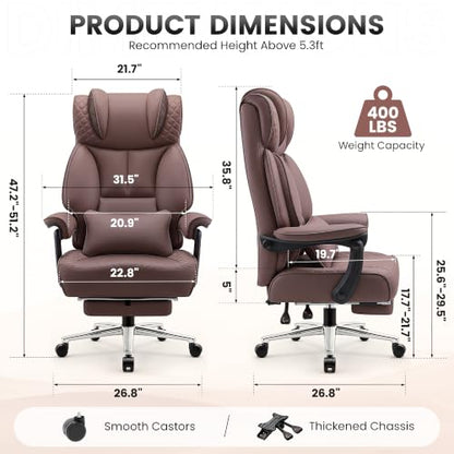 BestGlory Office Desk Chair, Big and Tall Leather Gaming Chair with Footrest, Ergonomic Comfy Executive High-Back Reclining Computer Chairs, Wide Swivel Rolling Wheels and Padded Lumbar Support,Coffee - color: Coffee, style: Freely Reclining