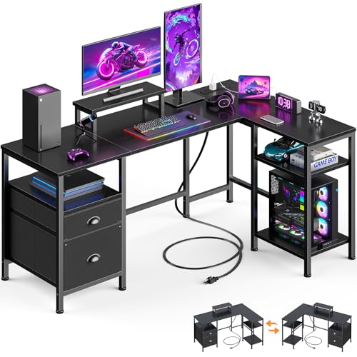 Furologee 50 Inch L Shaped Gaming Desk with Power Outlet and Drawers, Black | Reversible Computer Corner Design,Fabric File Cabinet, Monitor Stand, Storage Shelves for Home Office, Working Study Table - color: Black, size: 50 Inch