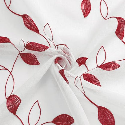 Tollpiz Burgundy Red Leaf Sheer Tier Curtain Kitchen 30 x 36 Inches | Leaves Embroidered Curtains Rod Pocket Voile Bathroom Window Treatment for Cafe, Set of 2 Panels - color: Burgundy Red, size: 30"W x 36"L (Pack of 2)