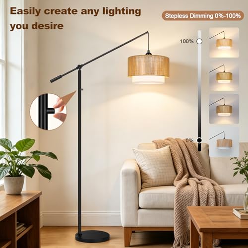 【Upgraded】Boho Dimmable Floor Lamps with Adjustable Swing Arm, 1100 Lumens Bulb Included, Modern Standing Lamp with Rattan & Fabric Shades, Farmhouse Tall Arc Floor Lamp for Living Room Bedroom, Black - color: Bohemian-Matte Black