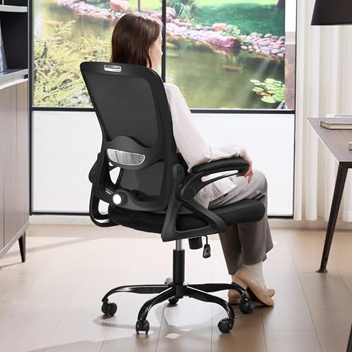 Ergonomic Office Chair,Mesh Office Chair with Lumbar Support,Mid Back Desk Chair with Flip-up Arms,400 lbs Comfy Computer Chair for Home Office - color: Black