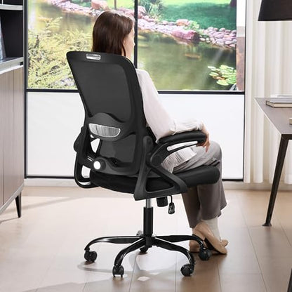 Ergonomic Office Chair,Mesh Office Chair with Lumbar Support,Mid Back Desk Chair with Flip-up Arms,400 lbs Comfy Computer Chair for Home Office - color: Black