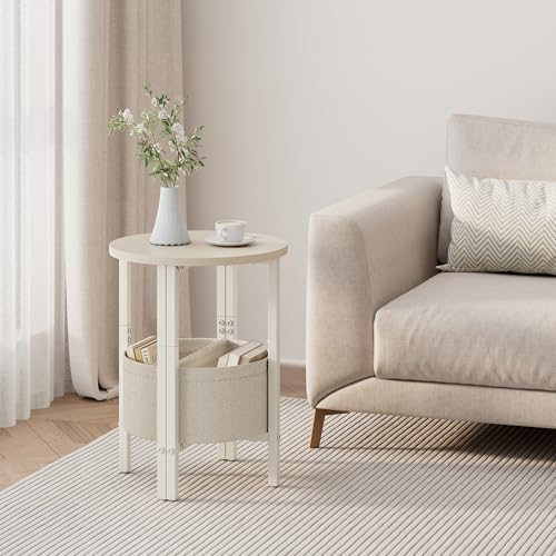 Small Round Side Table End Table, Tall Accent Table with Storage Basket, Set of 2 Half Round Tables Half Moon Tables, Coffee Bedside Tables, Modern Nightstand for Living Room Bedroom, Cream - color: Cream White