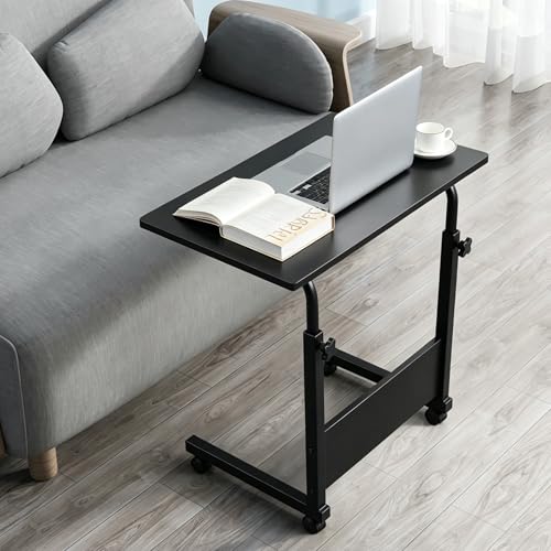 Sofa Side Table C Shaped End Table with Wheels, Rolling Bedside Laptop Table Snack Table TV Tray, Height Adjustable, Wooden Top & Metal Frame - color: Black, 23.6"