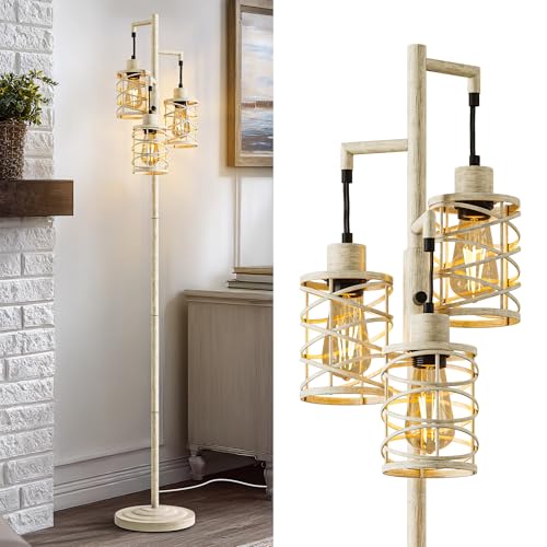BOBOMOMO 70" Farmhouse Dimmable Floor Lamp, Weathered White Rustic Industrial Metal Cage Standing Lamp with 3 LED Bulbs, Stepless Dimming Tall Tree Lamp for Living Room, Bedroom, Entryway, Corner - color: Weathered White