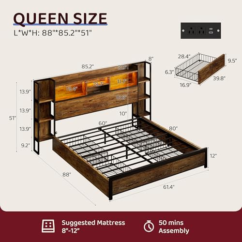 Queen Size Bed Frame with 4 Storage Drawers and Headboard Featuring Shelf Storage, Wooden Platform Bed Frame with LED Lights and Charging Station, Easy Assembly/No Box Spring Needed/Brown - color: Brown, size: Queen