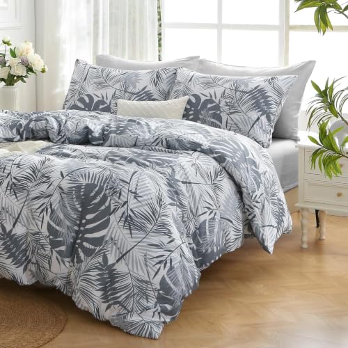 California King Comforter Set, Black Grey Elegant Floral Print Bed in a Bag 7 Pieces, Soft & Breathable Reversible Botanical Pattern Bedding Set with Comforter, Sheets, Pillowcases, and Shams - color: Black Grey Leaves, size: Cal King(104"x96")
