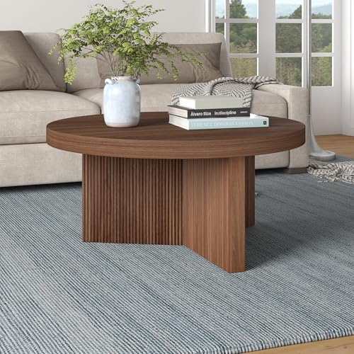 Henn&Hart 32" Scandinavian Fluted Coffee Table, Medium Walnut | Ribbed pedestal base and low profile bring Scandinavian style to small spaces including living rooms or family rooms - color: Medium Walnut, size: 32 inches