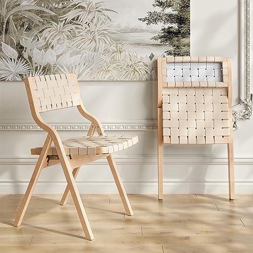 Wood Folding Chairs, Foldable Chairs Wooden Indoor Stackable Dining Chairs for Kitchen & Dining Room Chair Woven Seat & Webbing Back, Dining Chair Set of 2 - color: Beige/Natural, Pu Leather