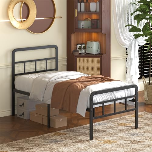 18 Inch Twin XL Bed Frame with Headboard and Footboard | Heavy Duty Extra Bed with Storage Space, Steel Slat, No Noise, No Box Spring Needed, Easy Assembly - color: Black Metal Headboard, size: Twin XL