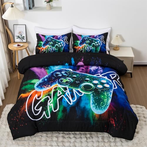 Aimuan Gamer Gaming Bedding Sets 3D Gamepad Comforter Sets for Boys Games Console Action Buttons Novelty Colorful Game Controller Modern Room Decor Home Quilt Set (Black-Green, Twin) - color: Black-green, size: Twin