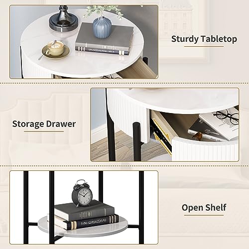 OIOG 2 Tier Nightstand, Bedside Table with Drawer, Sintered Stone/White | Round End Table, Modern Side Table, Drawer, Shelf, Metal Legs, Marbling Natural Stone, Living Room, Bedroom, Dorm, Office - color: White