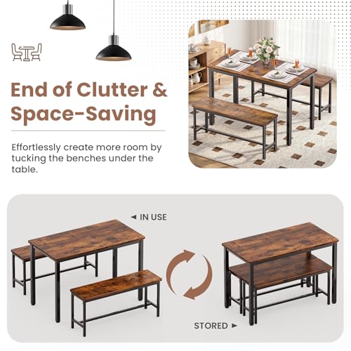 Dining Table Set for 4, Kitchen Table with 2 Benchs, Brown | Modern Functional 3 Piece Space-Saving Dining Room Table Set for Apartment, Breakfast Nook, Small Space - color: Brown