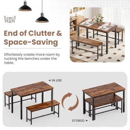 Dining Table Set for 4, Kitchen Table with 2 Benchs, Brown | Modern Functional 3 Piece Space-Saving Dining Room Table Set for Apartment, Breakfast Nook, Small Space - color: Brown