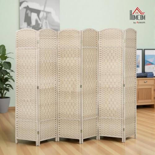 HOMCOM 6 Panel Room Divider 6 Ft Privacy Screen Hand-Woven Washed Oak | Folding PP Wall Partition, Pine Wood Frame, Freestanding Room Separator, Bedroom Home Office, No Assembly - color: Washed Oak, size: 6 Panel