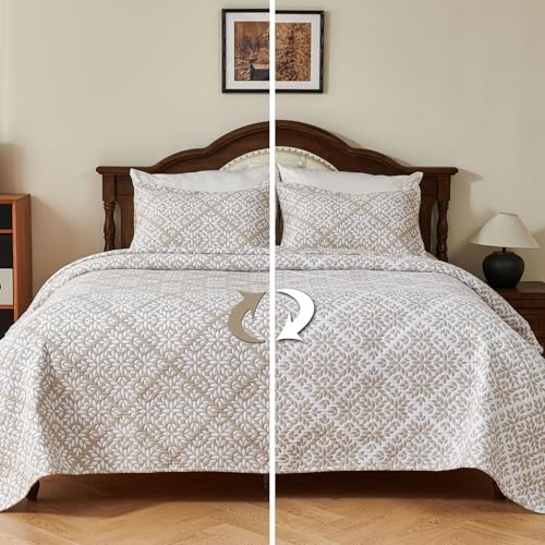 EVENHUG 100% Cotton Quilt Set Queen Size Bedding Sets with Pillow Shams Breathable Lightweight Bedspreads Coverlet for All Season 3 Piece (92"x96") - color: Beige Damask, size: Queen